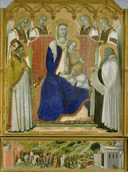 Das Karmelitenaltarbild, zentrales Panel mit der Jungfrau und dem Kind mit Engeln, St. Nikolaus und dem Propheten Elija, 1329